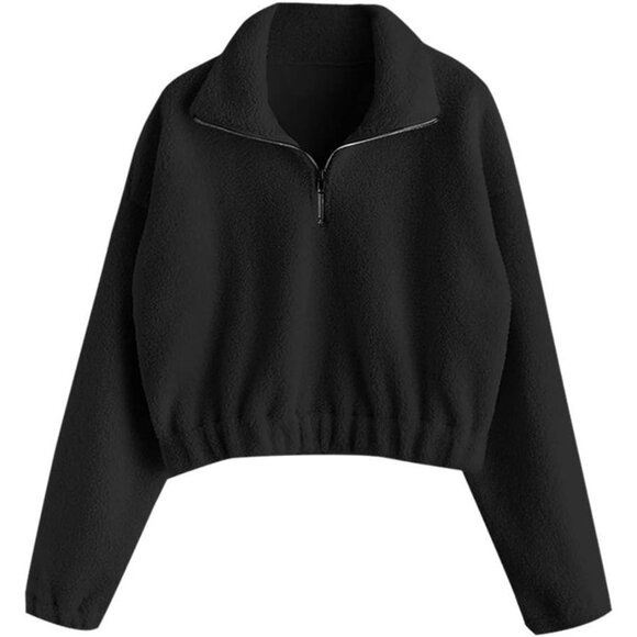 Tops - Women's Black long Sleeve Lapel Half Zip Plain Faux Fur Solid Sweatshirt